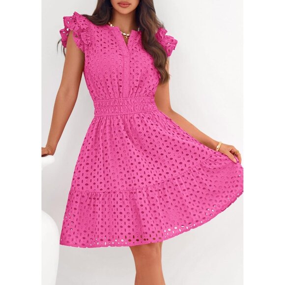 Women's Rose Red V Neck Eyelet Cap Sleeve Summer Beach Vacation Sundresseses - Picture 5 of 8